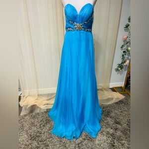 Riva Designs Turquoise Strapless Beaded Chiffon Gown | Size 6